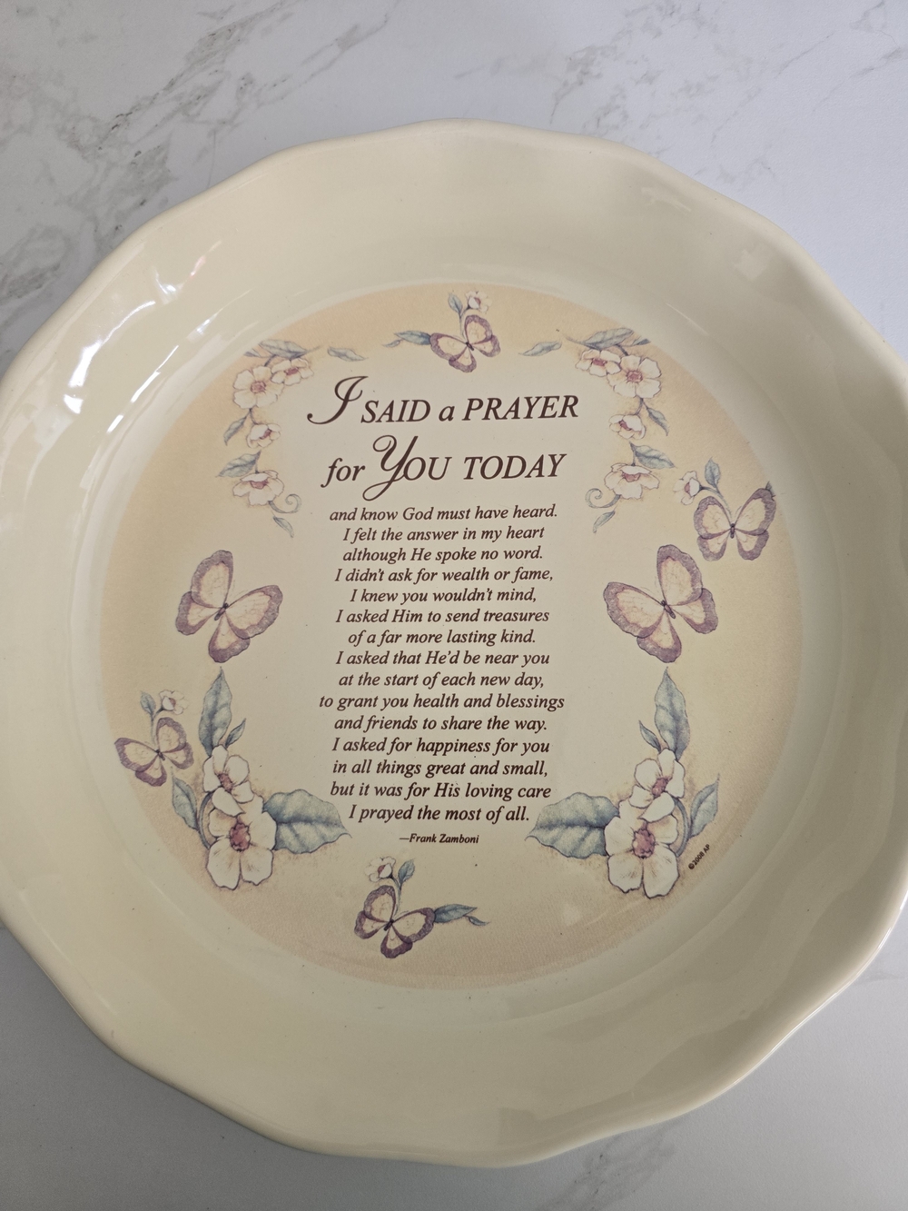 Cream Decorative Prayer Pie Plate with Butterfly Floral Motif